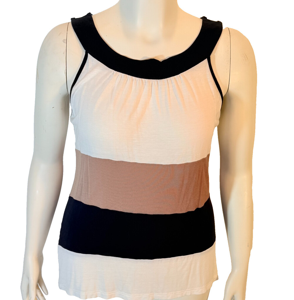 Carole Little Tank Top Women's L Colorblock Black Tan White Round Halter Neck